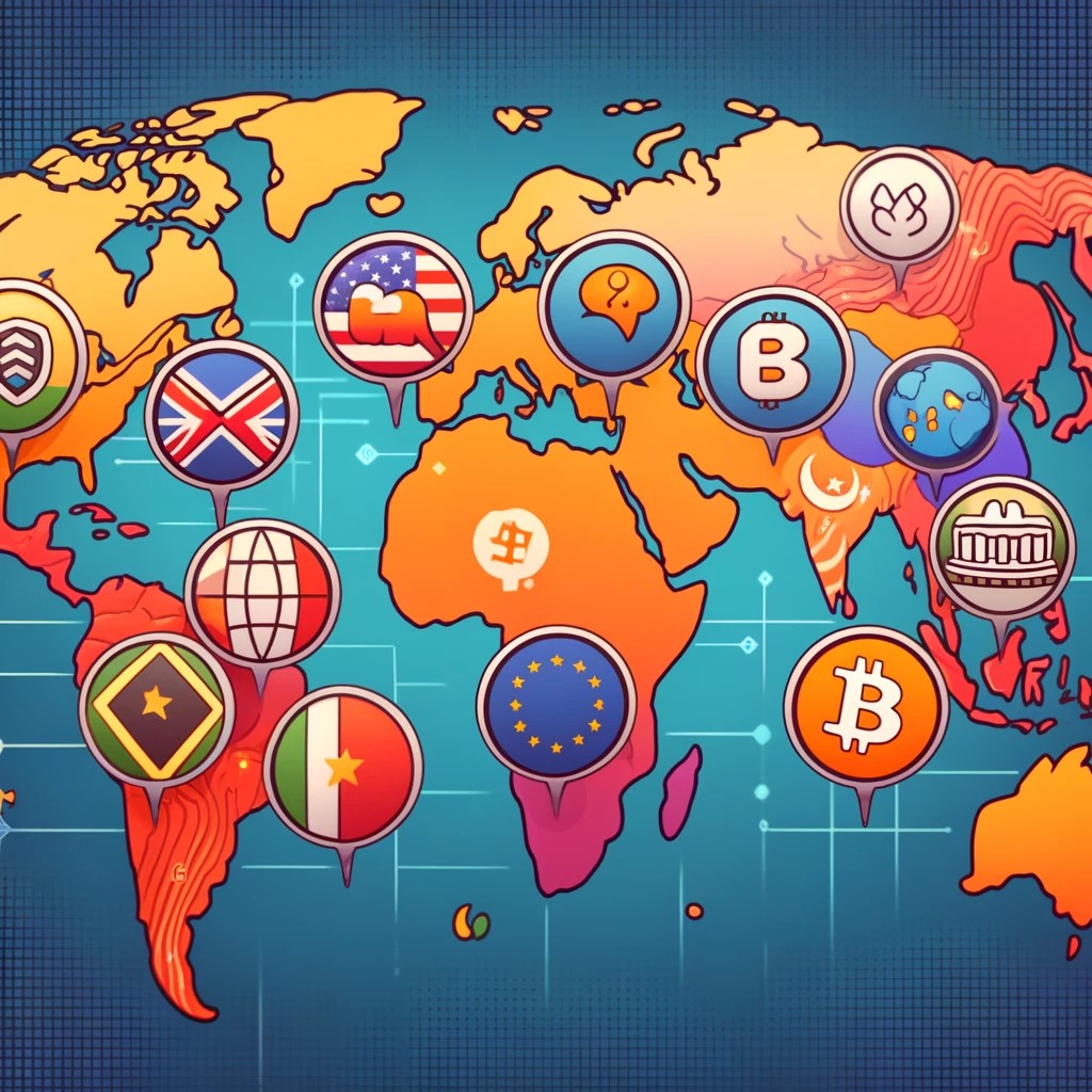 DALL·E 2024-05-29 21.13.27 - An illustration showing the various global approaches to cryptocurrency regulation. Depict a map with different countries highlighted, showcasing dive