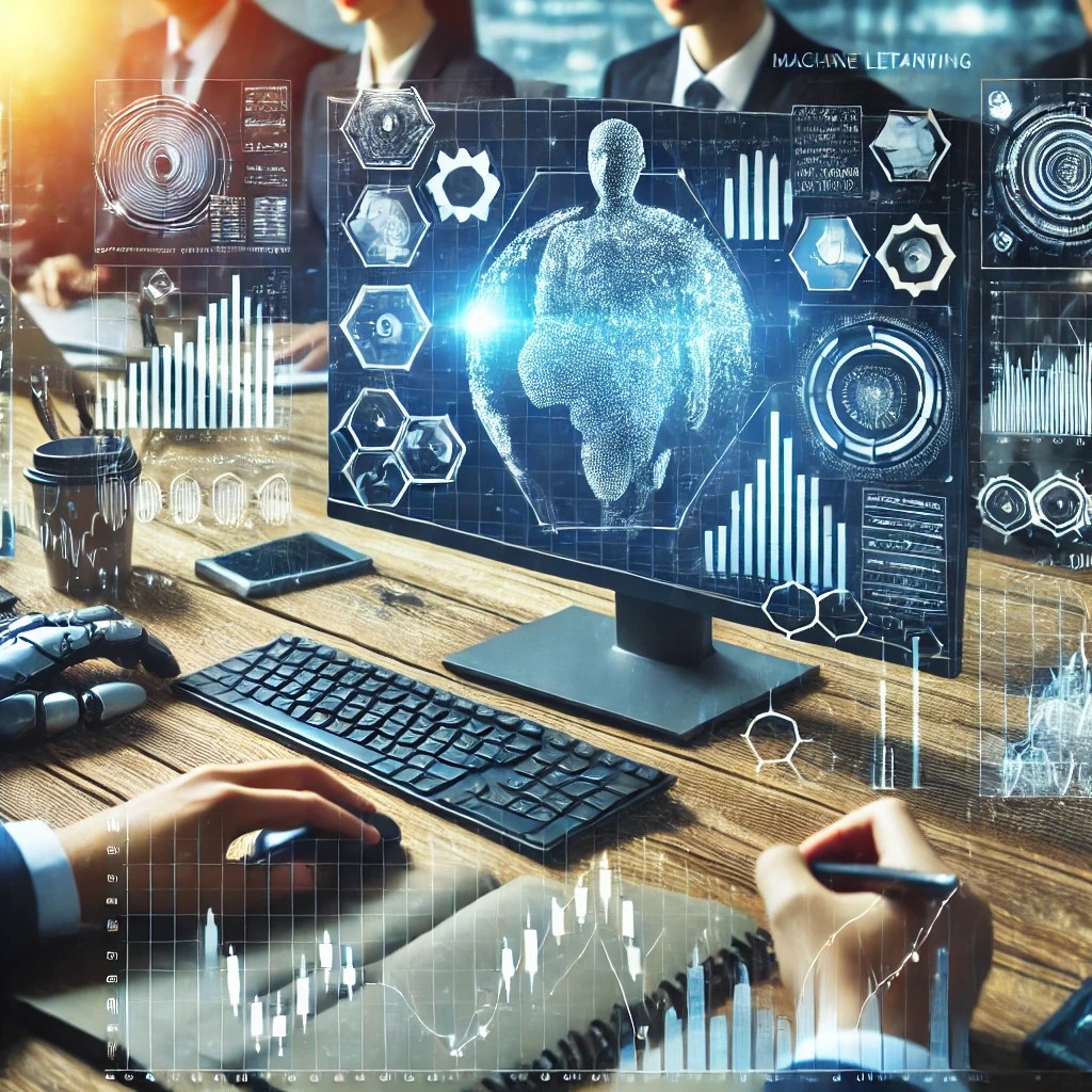 DALL·E 2024-06-28 18.04.03 - An image showing financial analysts using machine learning techniques with graphs and data on computer screens, representing market sentiment analysis