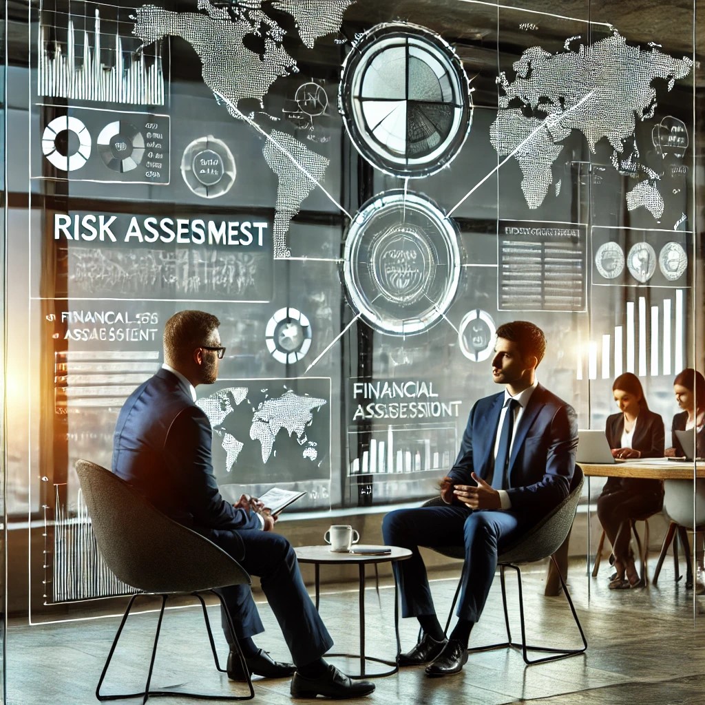 DALL·E 2024-07-30 21.01.55 - A financial analyst discussing risk assessment strategies with a client in a modern office. The setting includes charts, graphs, and financial documen